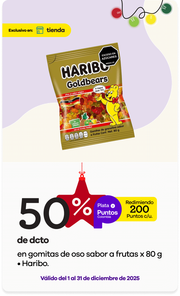 50% dcto redimiendo 200 puntos Colombia en Gomitas de oso sabor a frutas x 80 g Haribo