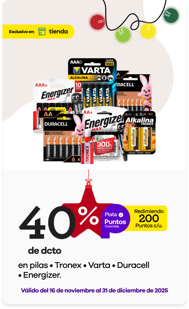 40% dcto redimiendo 200 puntos Colombia en Pilas de las marcas TRONEX-VARTA-DURACELL-ENERGIZER