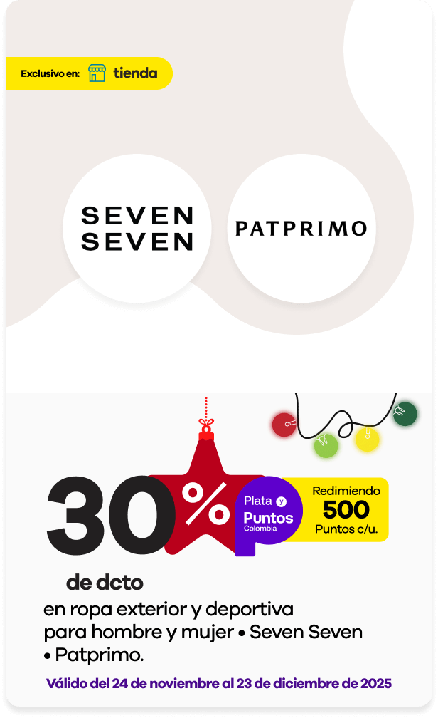 30% dcto reidmiendo 500 puntos Colombia en Ropa exterior y deportiva para hombre y mujer de las marcas SEVEN SEVEN y PAT-PRIMO