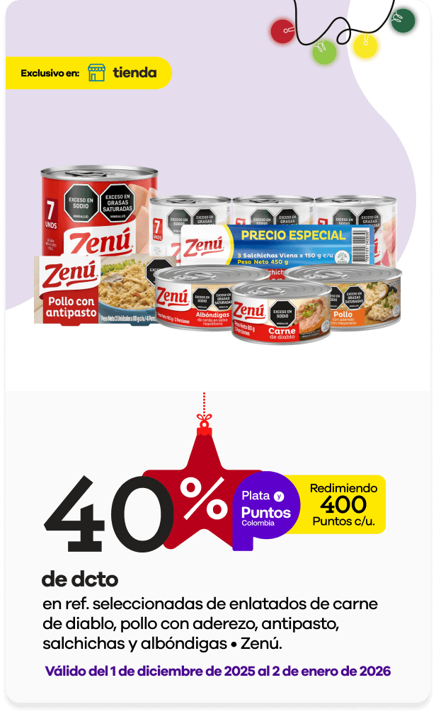 40% dcto redimiendo 400 puntos Colombia en referencias seleccionadas de enlatados carne de diablo, pollo con aderezo o antipasto, salchichas y albóndigas  Zenú
