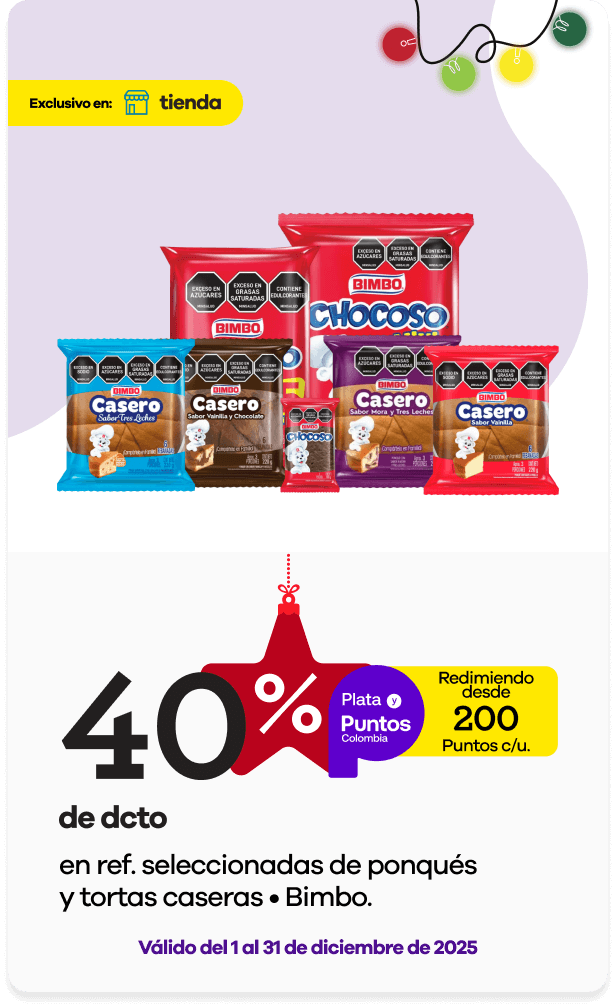40% dcto redimiendo desde 200 puntos Colombia en ref. selecc de ponqués y tortas caseras Bimbo 