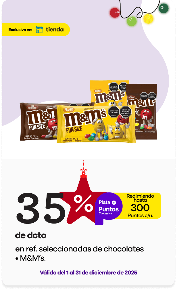 35% dcto redimiendo hasta 300 puntos Colombia en en ref. selecc de Chocolates M&M's